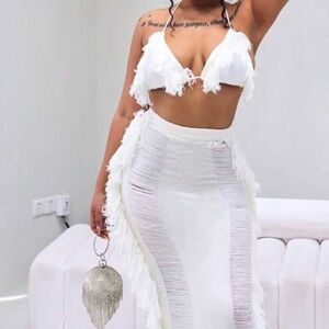 Fringe Trim Crop Halter Top and Ripped